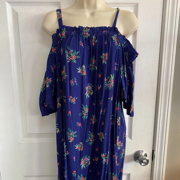 Blue Flowered Cold Shoulder Midi Dress - Picture 1 of 4